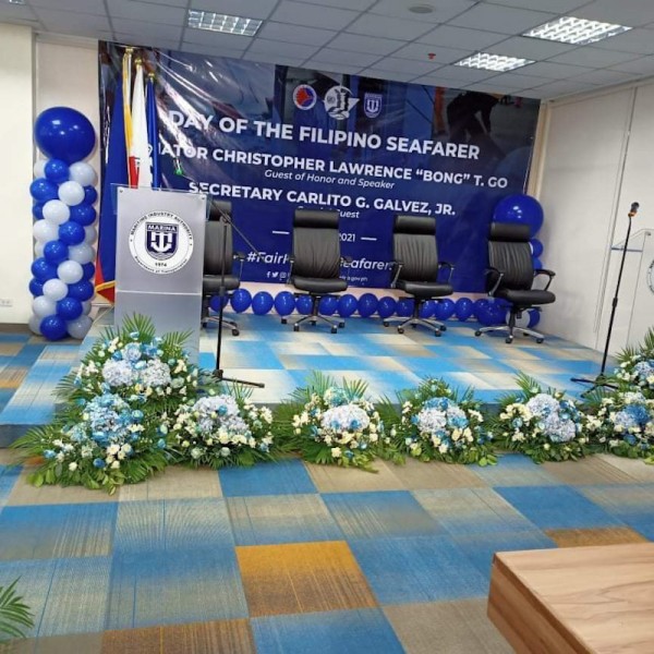 Blue Flowers and Balloon Stage Arrangement
